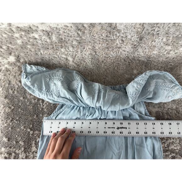 Beach Lunch Lounge Sz XS Floral Embroidered Boho Ruffle Neckline Mini Dress Blue - Picture 4 of 8